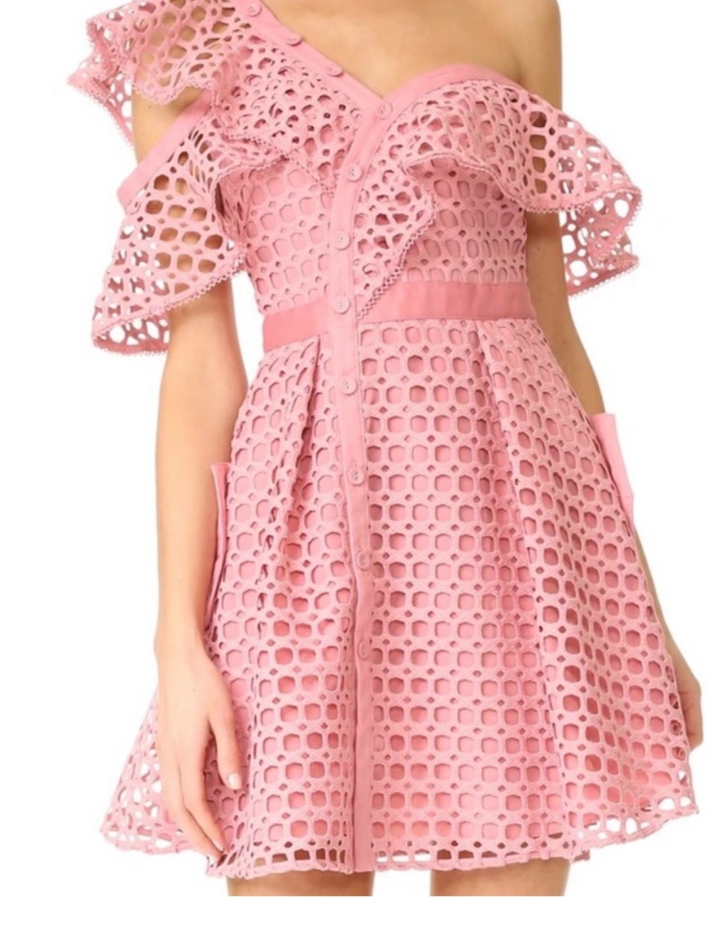 Self-Portrait Blush Pink One-Shoulder Eyelet Mini Dress